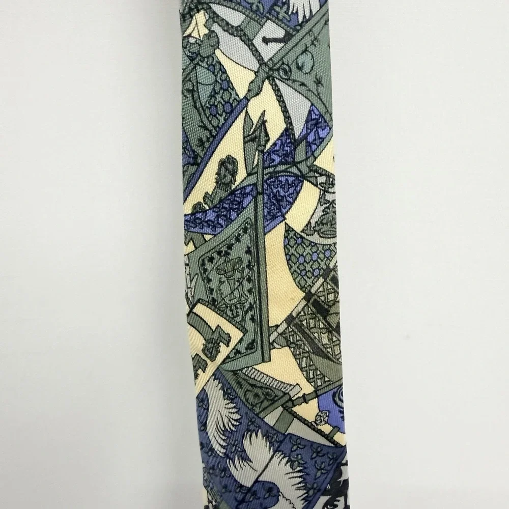 Hermes Scarf Tie Abstract Art Heraldry Blue/Sage/Yellow Silk 7286 MA 3.25